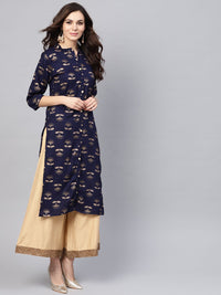 SOJANYA Kurta Lurus Bercetak Biru Laut & Emas Wanita