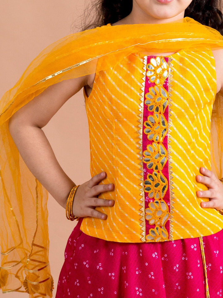 pspeaches Girls Magenta & Yellow Embroidered Ready to Wear Lehenga & Blouse With Dupatta