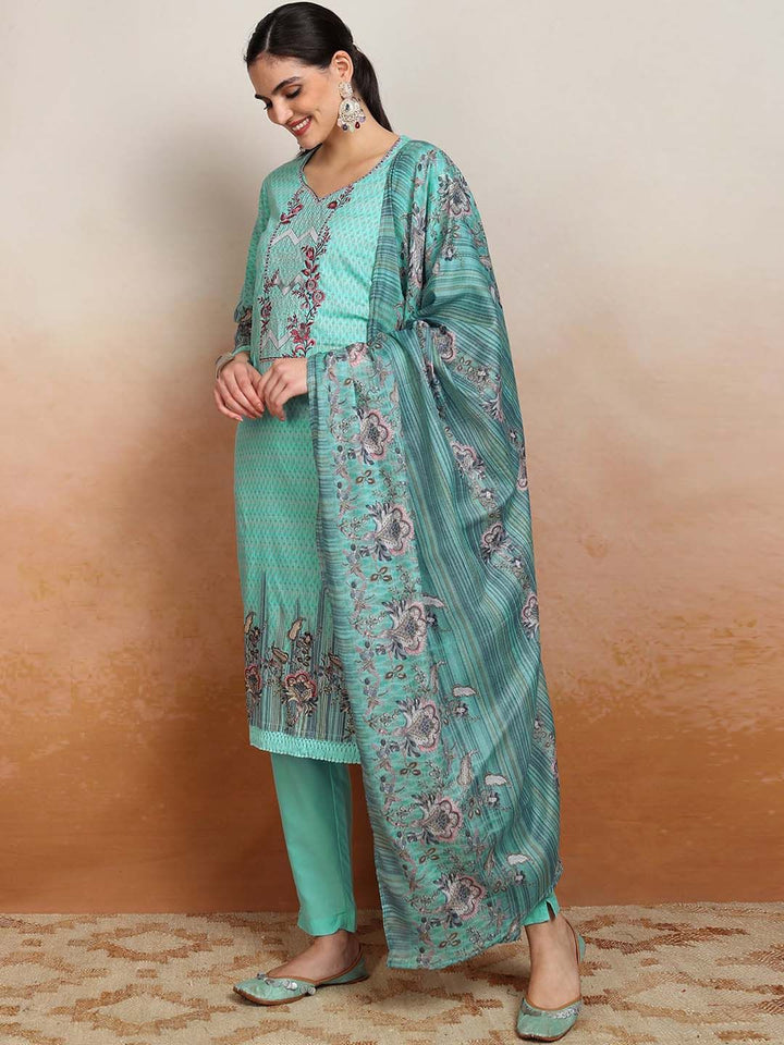 Vishudh  Ethnic Motifs Embroidered Pure Cotton Straight Kurta & Trousers With Dupatta