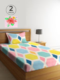 KLOTTHE White & Pink Geometric 210 TC Polycotton 2 Single Bedsheet with 2 Pillow Covers