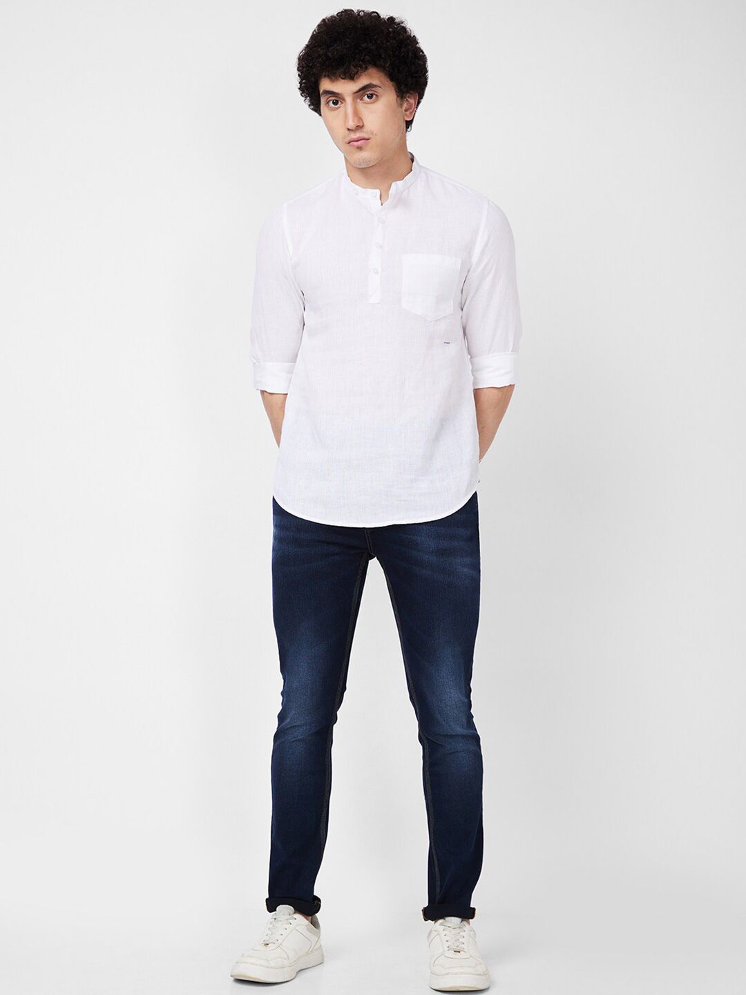 SPYKAR Mandarin Collar Long Sleeves Casual Linen Shirt