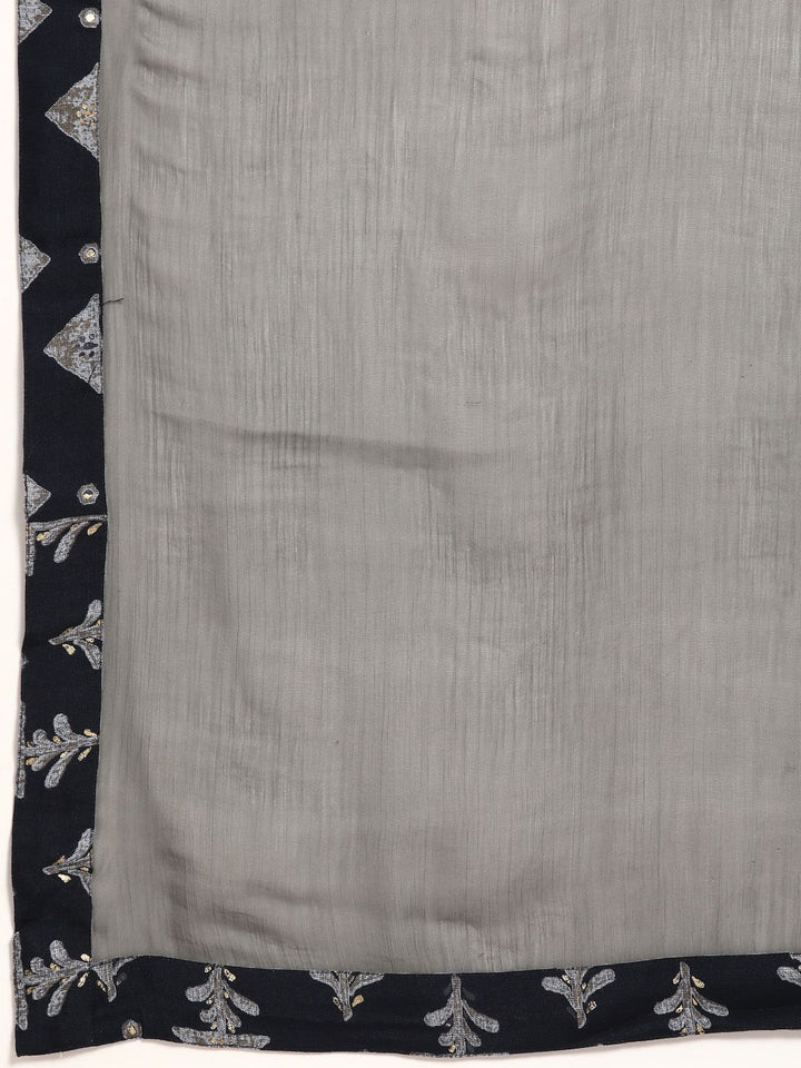 Anouk Women Navy Blue & Grey Ethnic Motifs Printed Kurta with Sharara & Dupatta