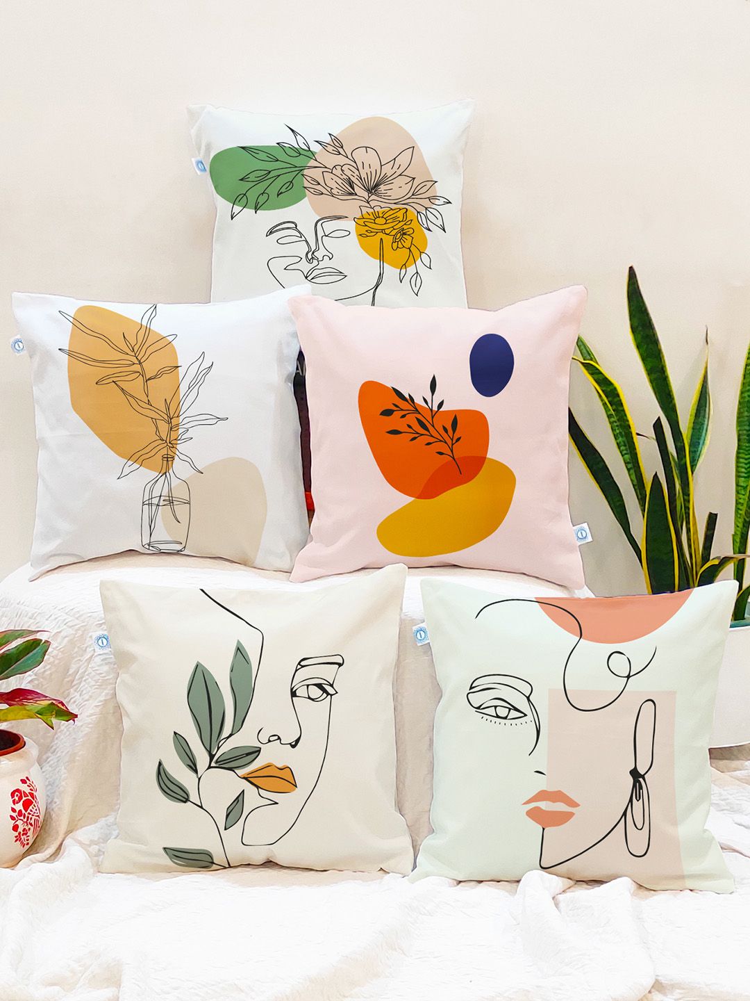 STITCHNEST Pink & Yellow Set of 5 Floral Square Cushion Covers