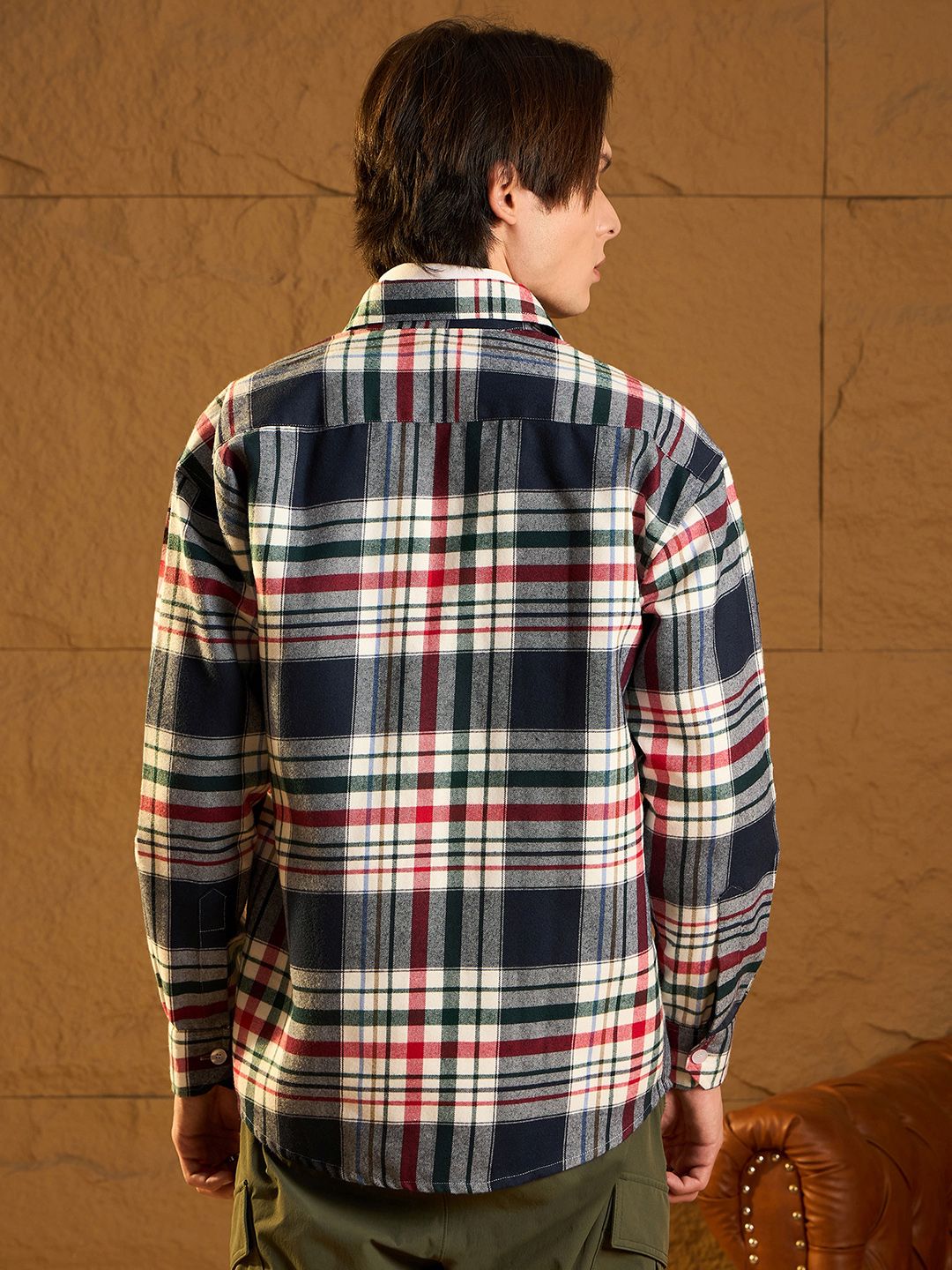DENNISON Men Double Pocket Drop Shoulder Oversized Cotton Checked Shacket