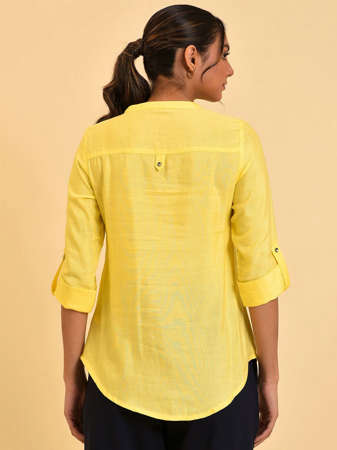 W Yellow Roll-Up Sleeves Shirt Style Top
