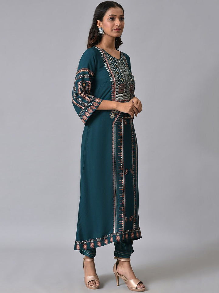 W Ethnic Motifs Printed Beads and Stones Work Straight Kurta with Trousers