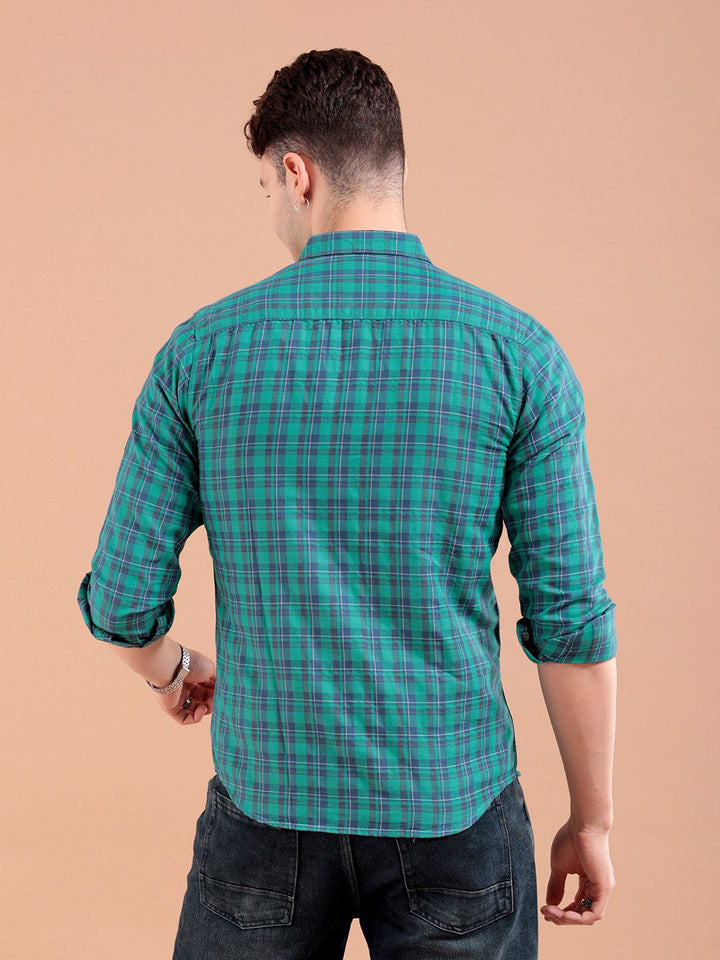The Indian Garage Co Men Green & Navy Blue Slim Fit Checked Casual Shirt