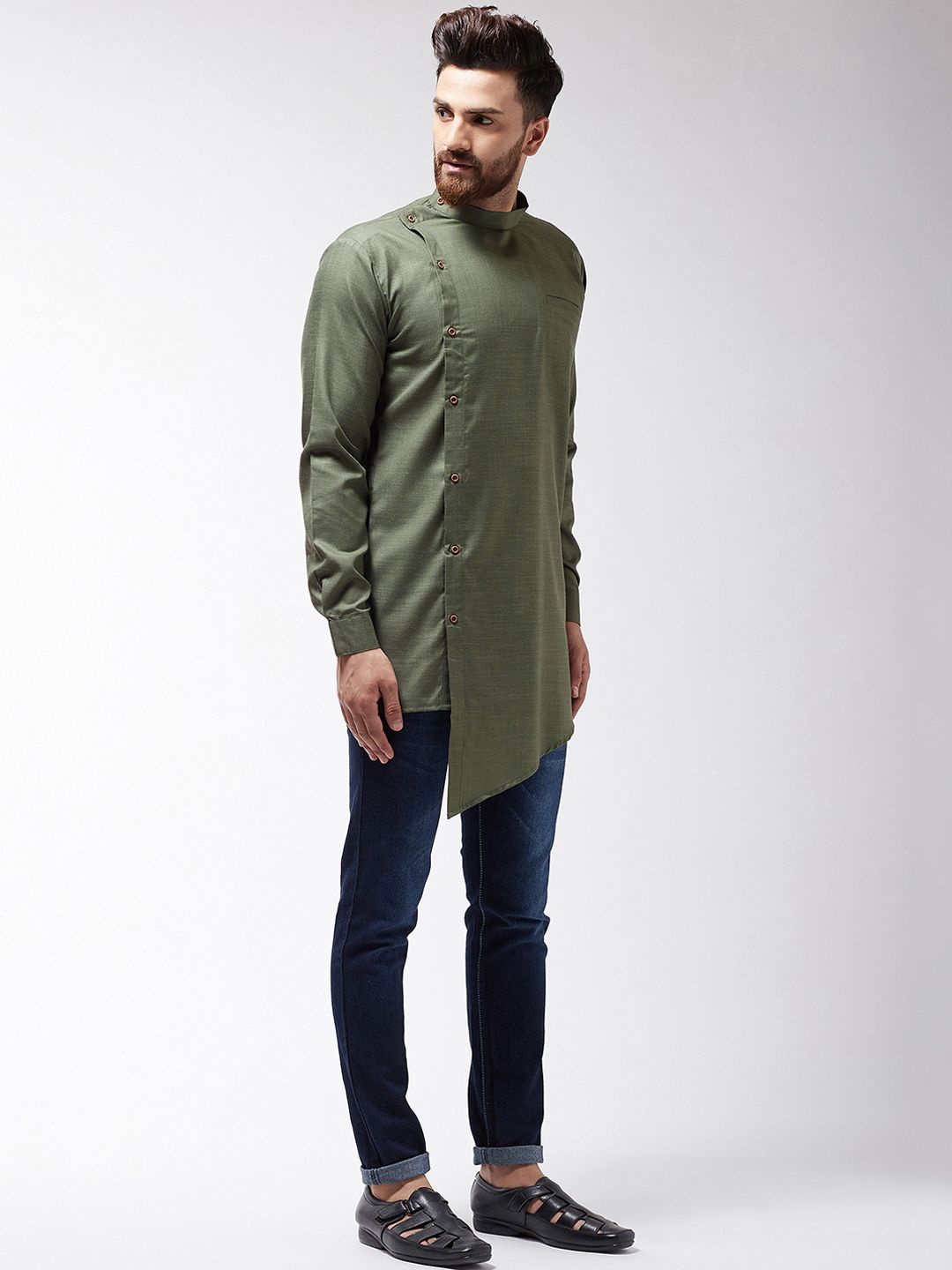 SOJANYA Kurta Asymmetric Pepejal Hijau Zaitun Lelaki