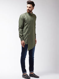 SOJANYA Kurta Asymmetric Pepejal Hijau Zaitun Lelaki