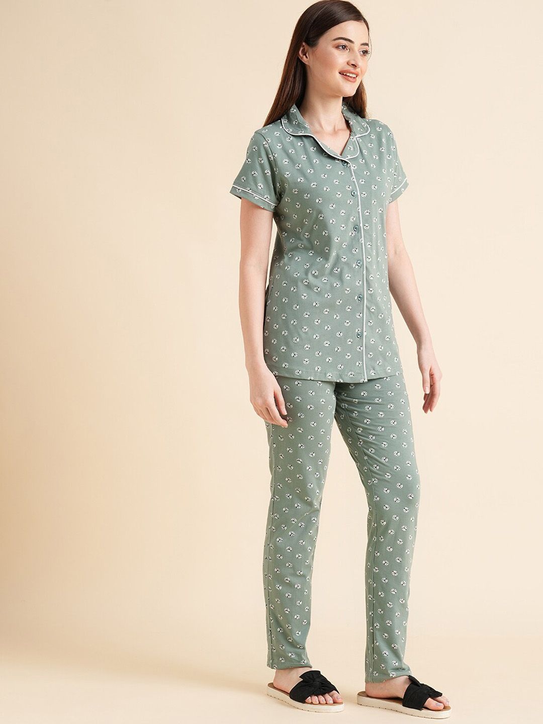 Sweet Dreams Green & White Conversational Printed Pure Cotton Night Suits