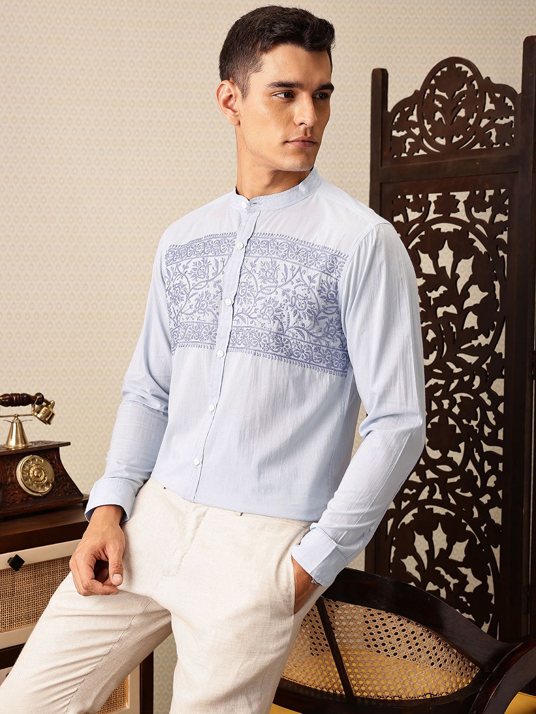 House of Pataudi Floral Embroidered Band Collar Pure Cotton Jashn Shirt