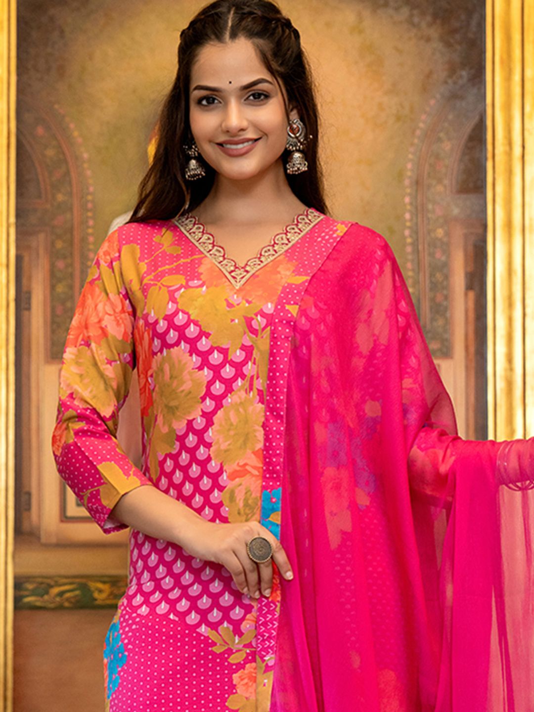 KALINI Floral Printed Straight Sequinned Kurta with Trousers & Dupatta