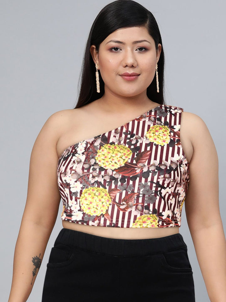 SASSAFRAS Brown & Yellow Floral Print One Shoulder Crop Top