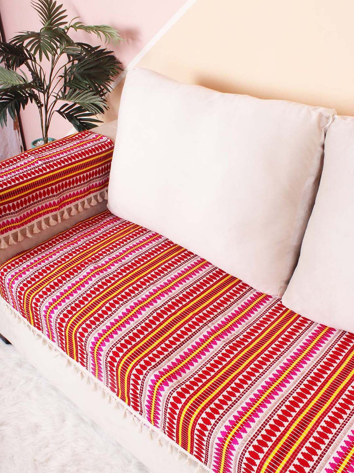 STITCHNEST Red & Yellow Jacquard Printed 3-Seater Sofa Cover