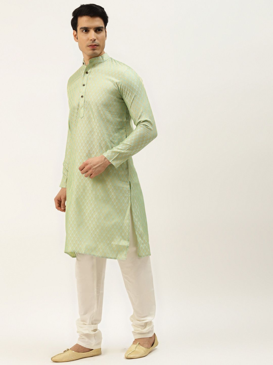 SOJANYA Men Blue & Green Jacquard Ethnic Motifs Straight Kurta with Churidar