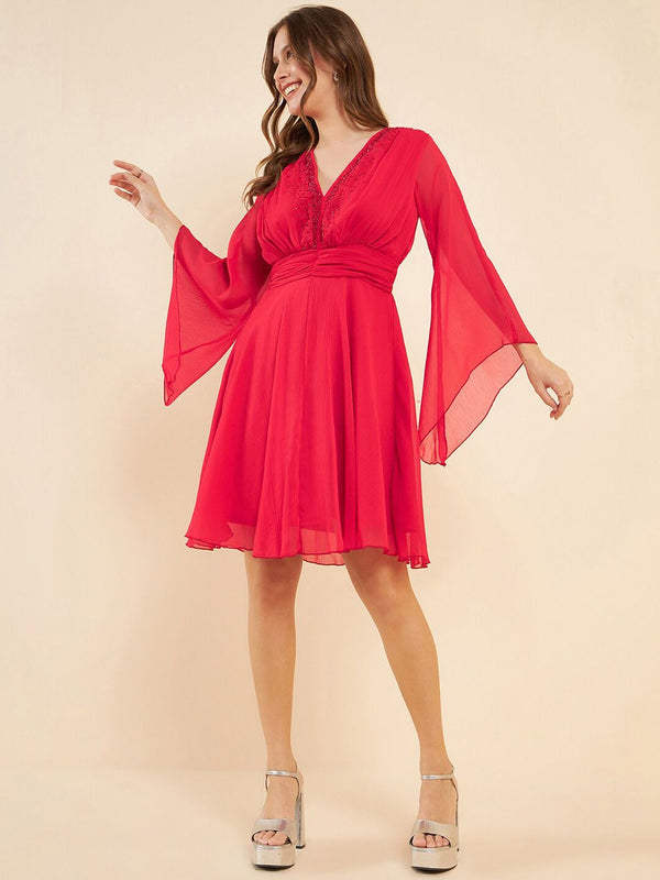 Antheaa Red V-Neck Flared Sleeve Sequinned Fit & Flare Dress