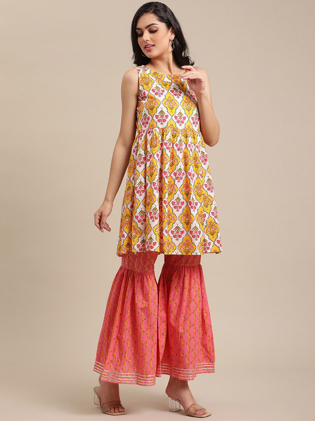 Varanga Women Mustard Yellow Floral Printed Empire Pure Cotton Kurti with Sharara & With Dupatta