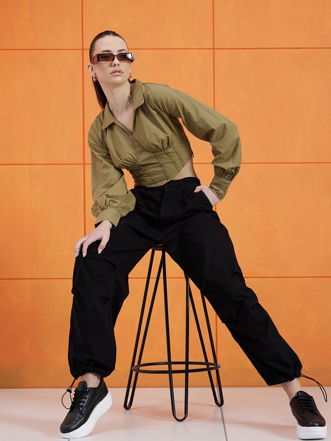 STREET 9 Green Shirt Collar Cuffed Sleeves Pure Cotton Crop Empire Top
