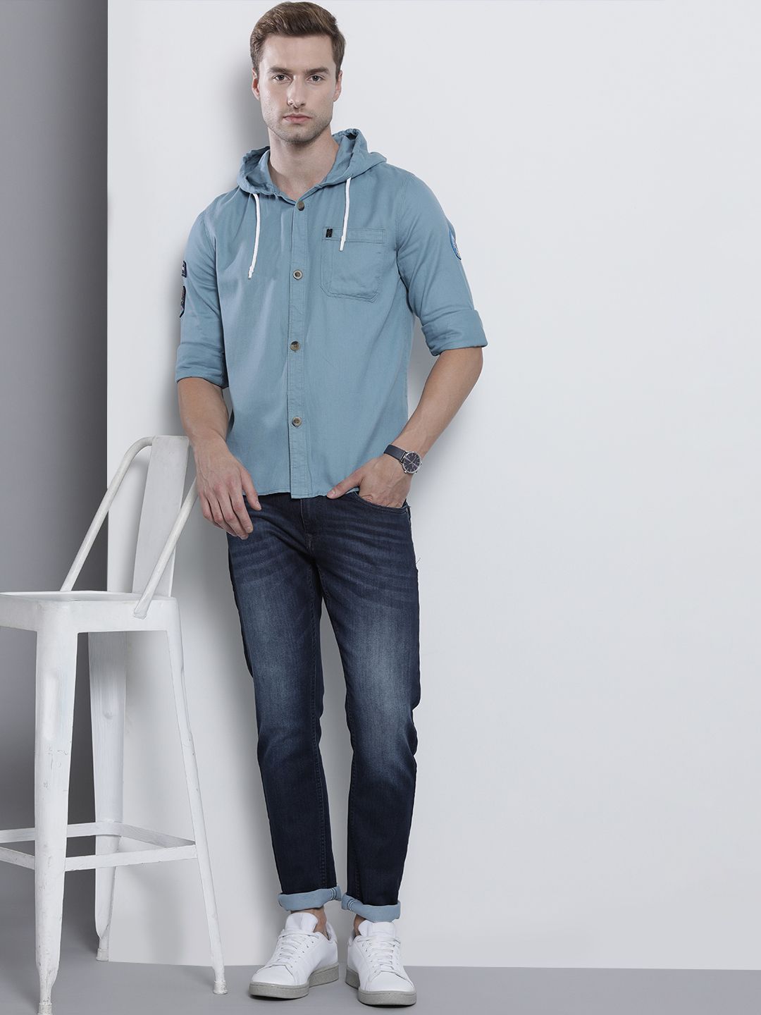The Indian Garage Co Men Blue Solid Slim Fit Hooded Casual Shirt