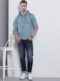 The Indian Garage Co Men Blue Solid Slim Fit Hooded Casual Shirt