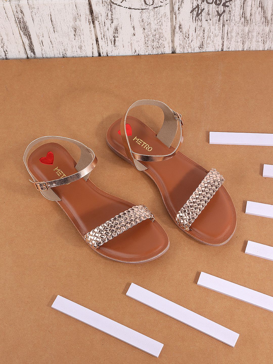 Metro Women Gold-Toned Woven Design Open Toe Flats