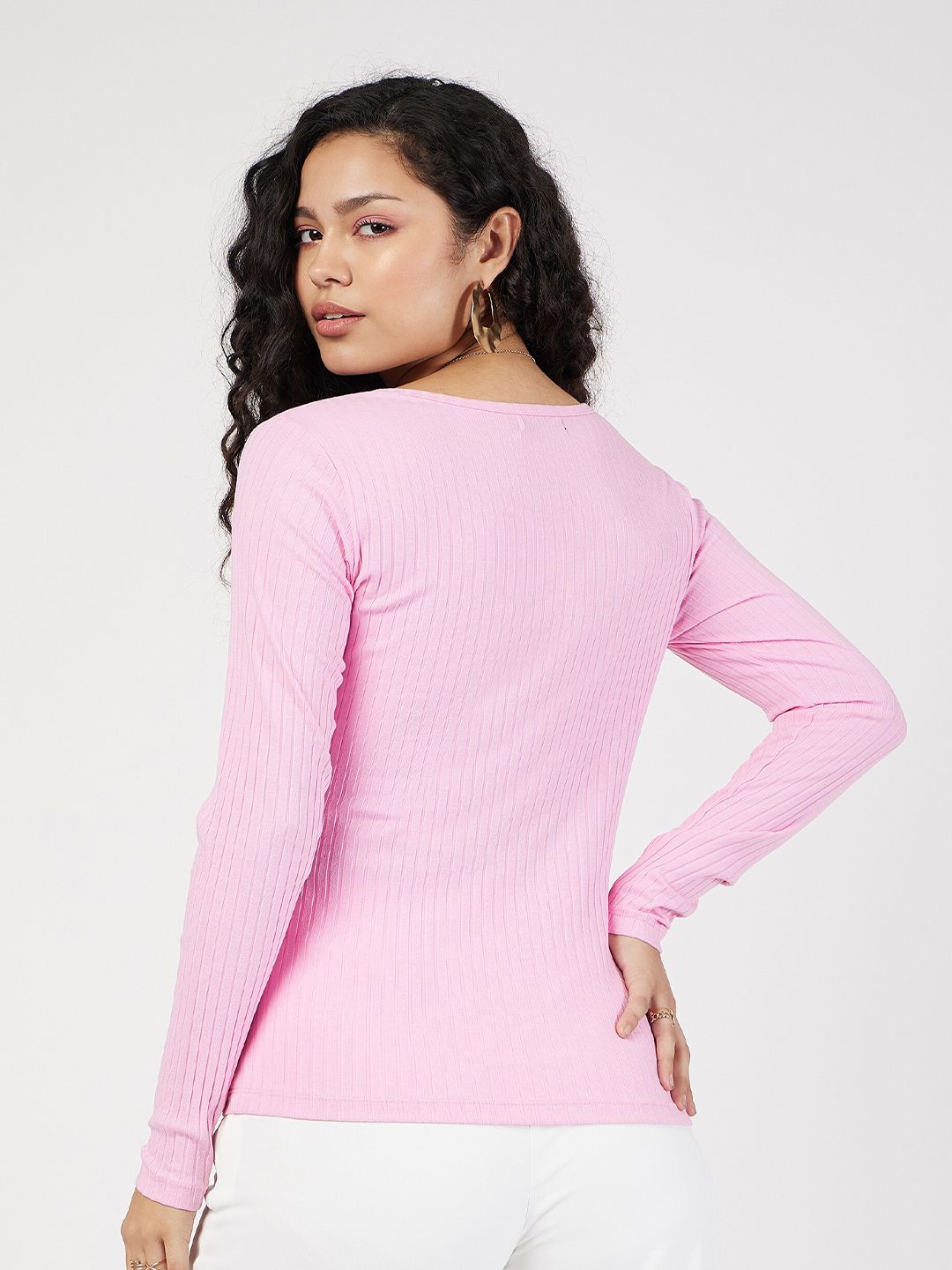 SASSAFRAS Pink Ribbed Square Neck Top
