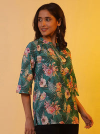 AURELIA Floral Printed Mandarin Collar Pure Cotton Kurti
