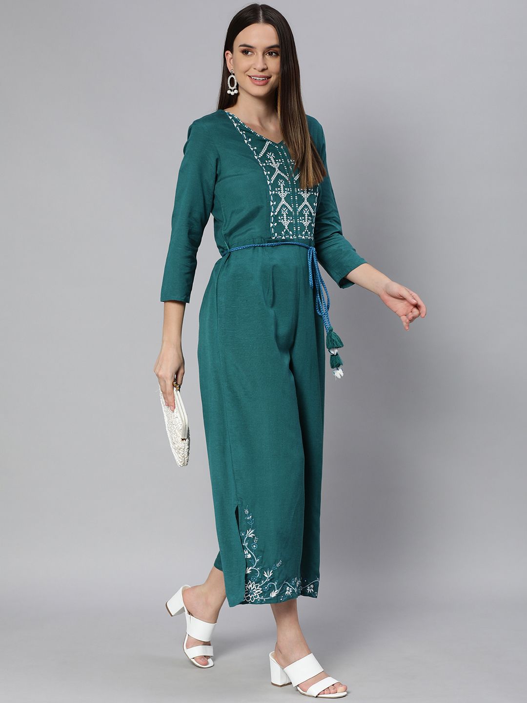 Global Desi Teal & White Embroidered Basic Jumpsuit With Waist Tie Up