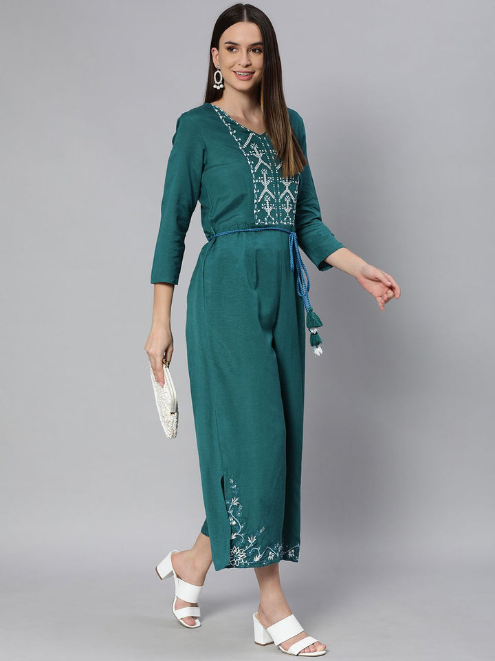 Global Desi Teal & White Embroidered Basic Jumpsuit With Waist Tie Up