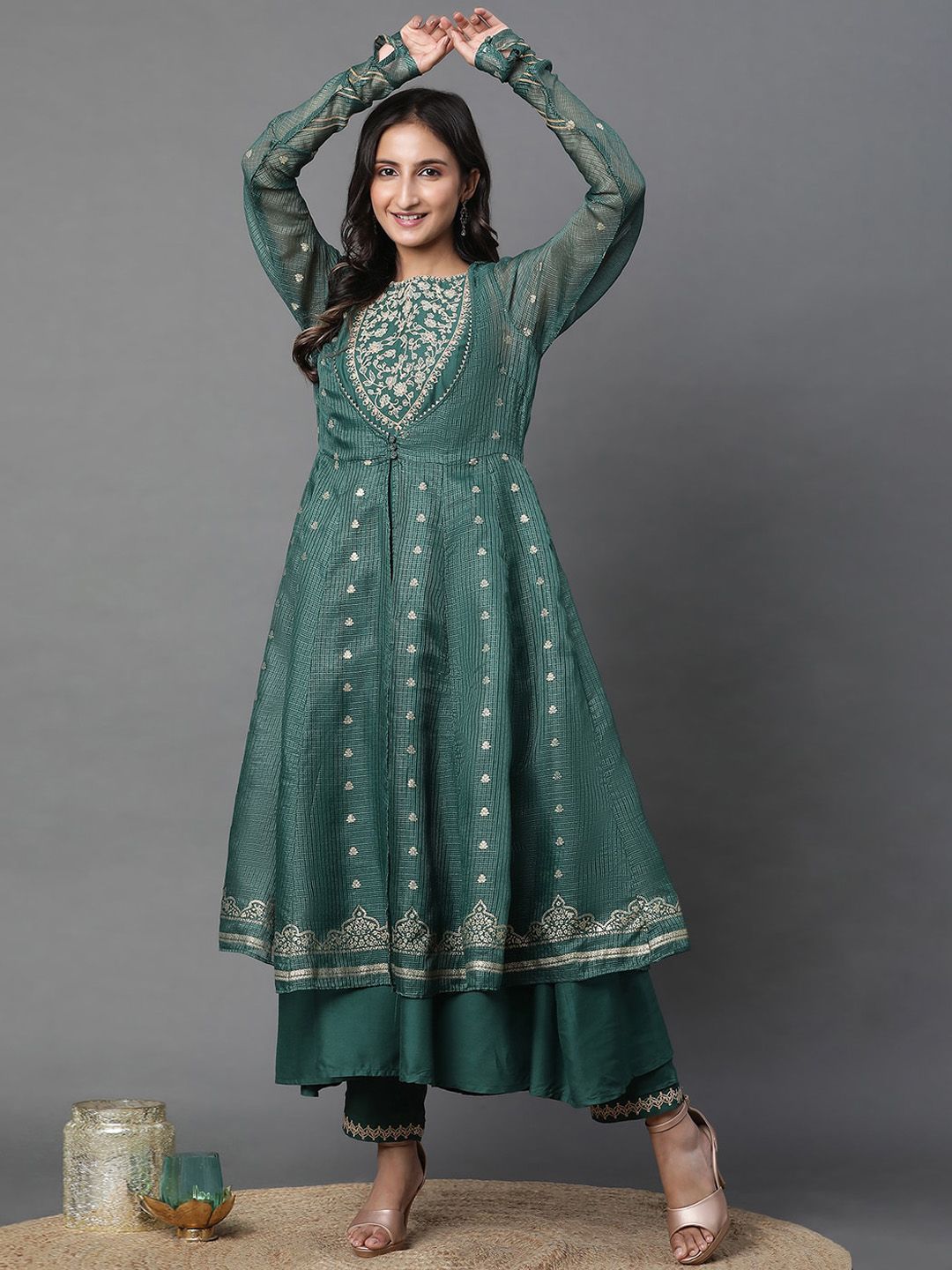W Floral Embroidered Anarkali Thread Work Kurta With Palazzos