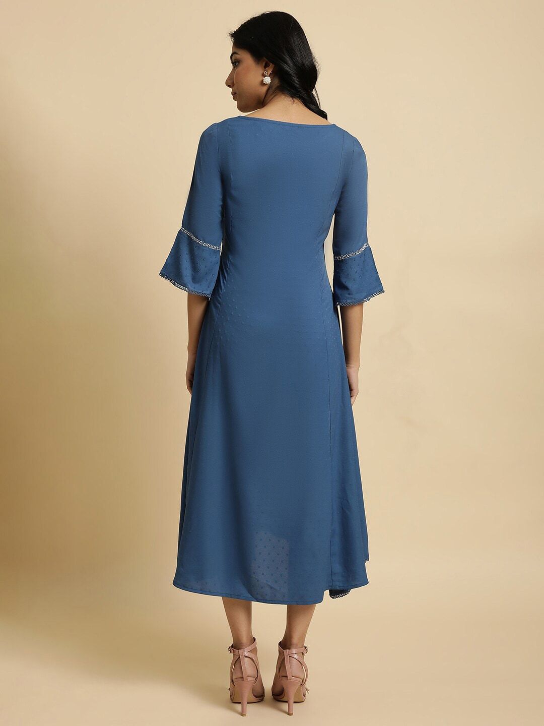 W Blue Bell Sleeves Layered  A-Line Midi Dress
