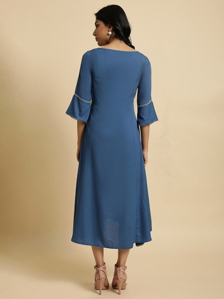 W Blue Bell Sleeves Layered  A-Line Midi Dress