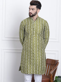 SOJANYA Men Green & White Ethnic Motifs Embroidered Kurta