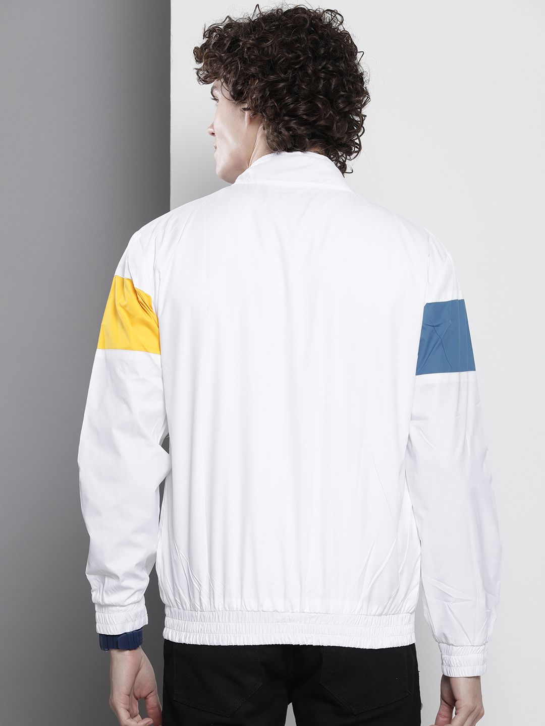 The Indian Garage Co Men White & Blue Striped Windcheater Bomber Jacket