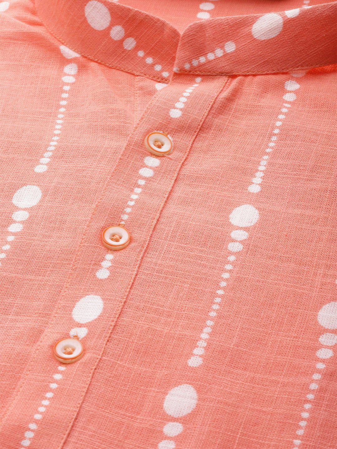 See Designs Men Peach-Coloured & White Self Design Kurta with Pyjamas