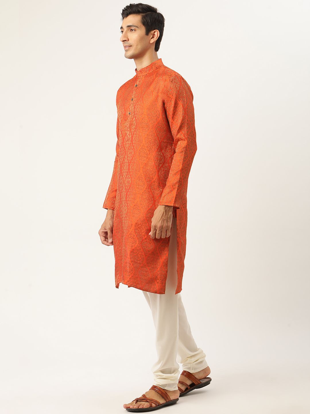 SOJANYA Kurta Motif Etnik Oren Lelaki dengan Jaket Churidar & Nehru