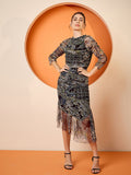 Antheaa Elit Net Printed Boat Neck Bodycon Midi Dress
