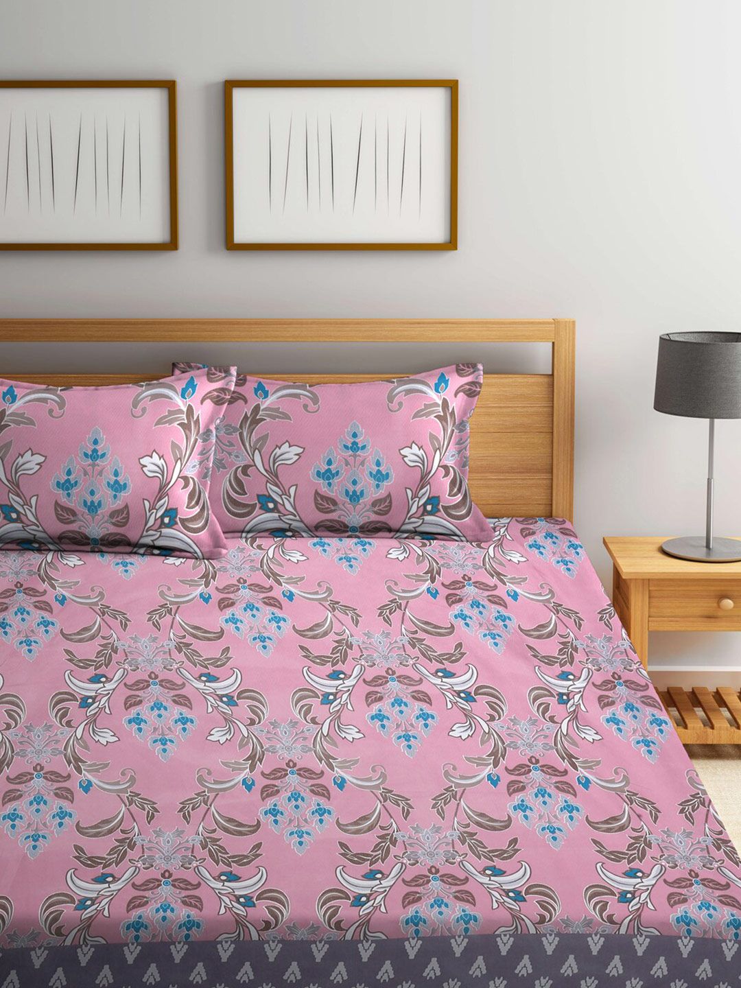 KLOTTHE Pink Floral Polycotton 300 TC King Fine Bedsheet with 2 Pillow Covers-106 x 106 inches