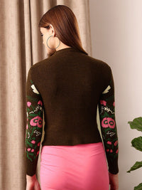 STREET 9 Brown & Green Floral Self Design Pullover