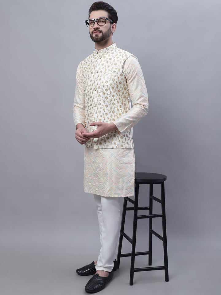SOJANYA Floral Embroidered Thread Work Kurta With Churidar With Nehru Jacket