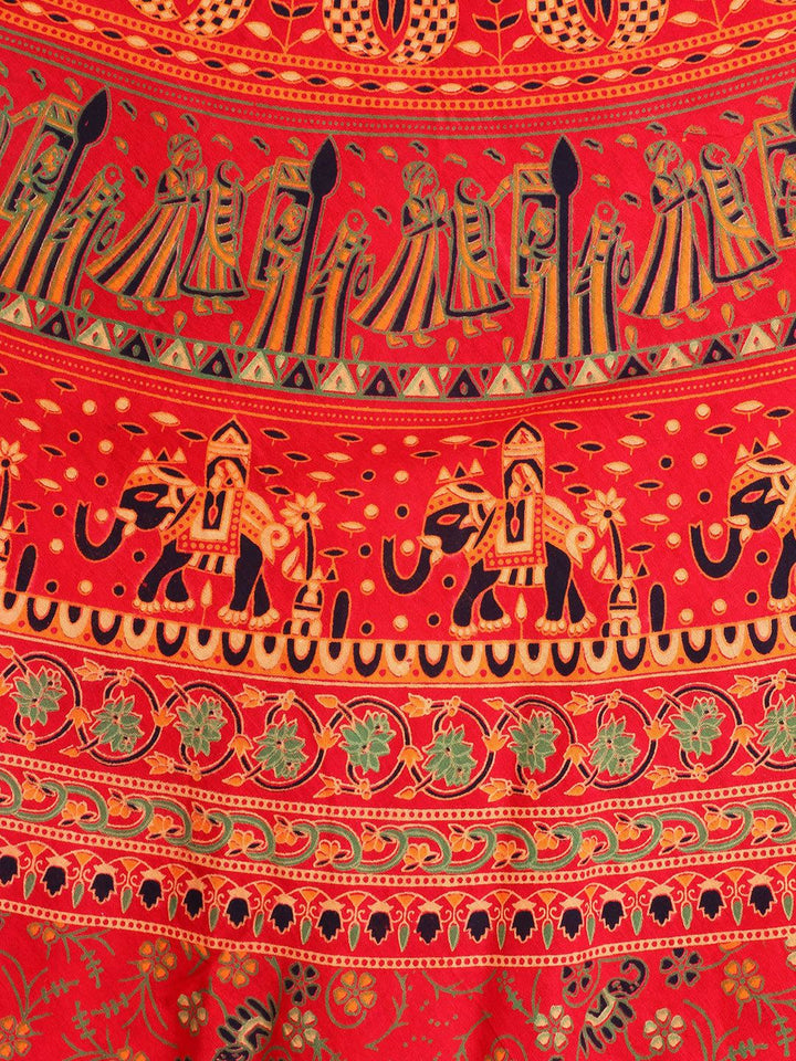 Exotic India Tomato Puree Wrap-around Long Skirt with Printed Wedding Scenes