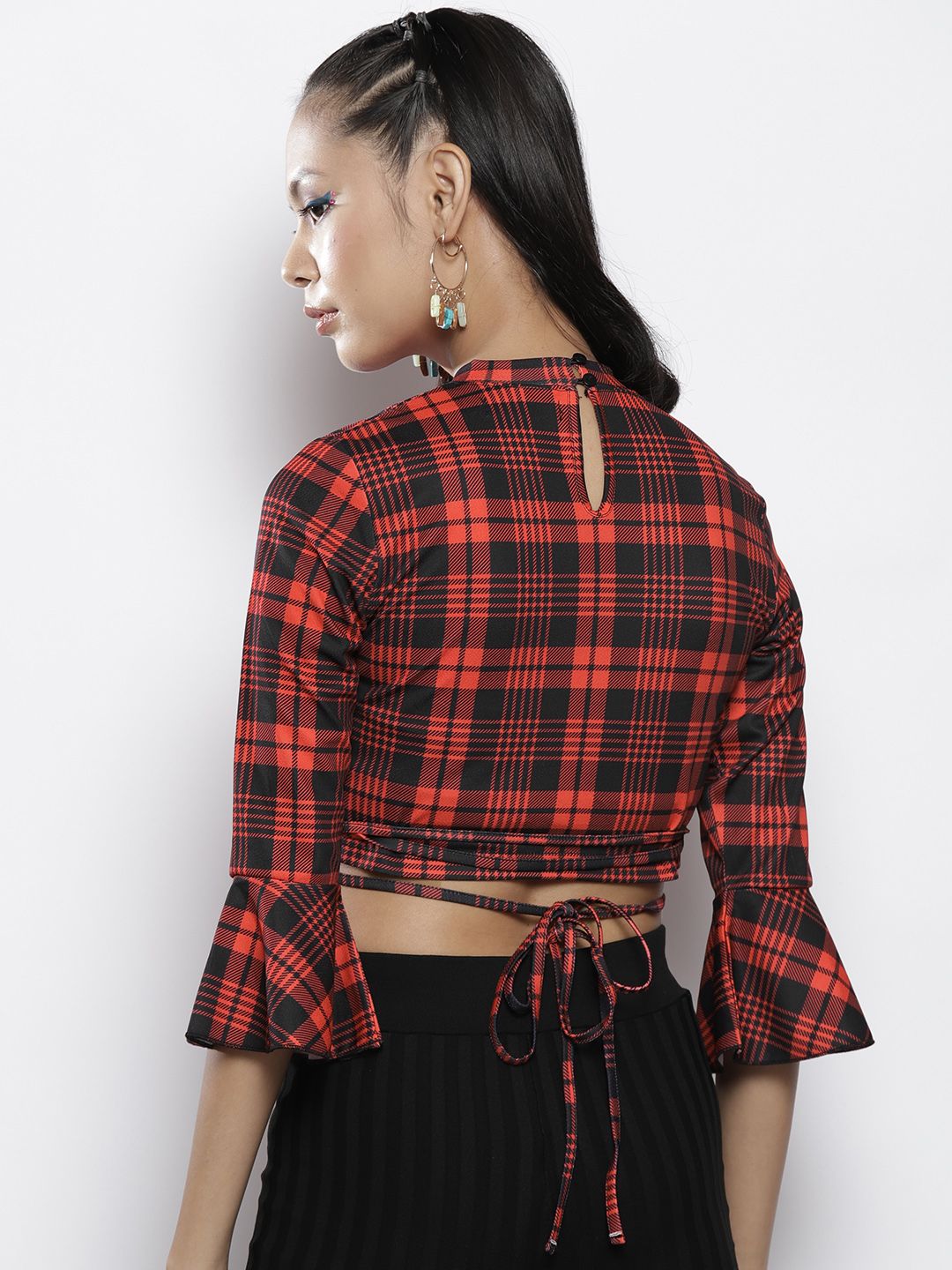 SASSAFRAS Red & Black Checked Knit High Neck Tie-Waist Crop Top