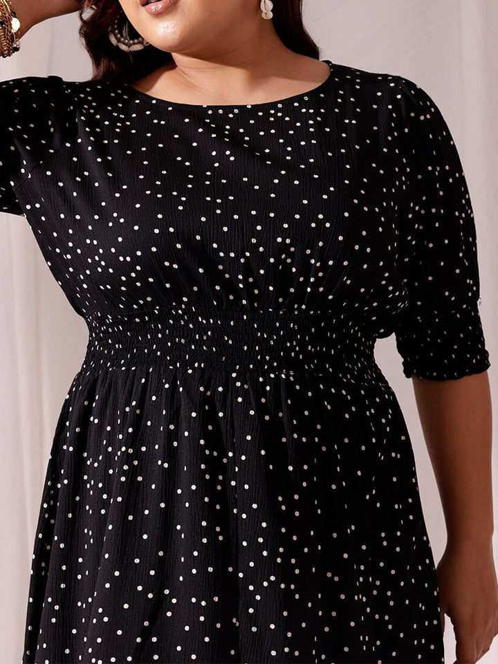 CURVY STREET Black Polka Dots Printed Flared Round Neck Puff Sleeve Blouson Dress