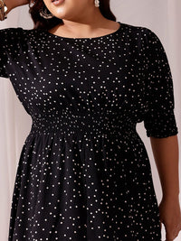 CURVY STREET Black Polka Dots Printed Flared Round Neck Puff Sleeve Blouson Dress