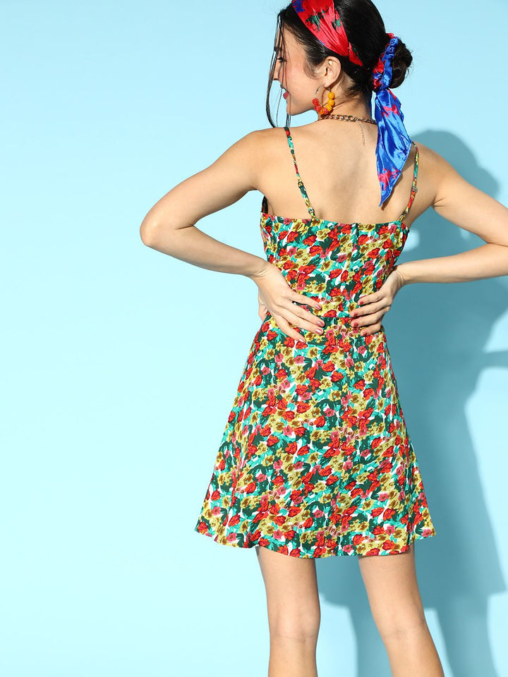 Berrylush Red & Green Floral Printed Crepe A-Line Dress