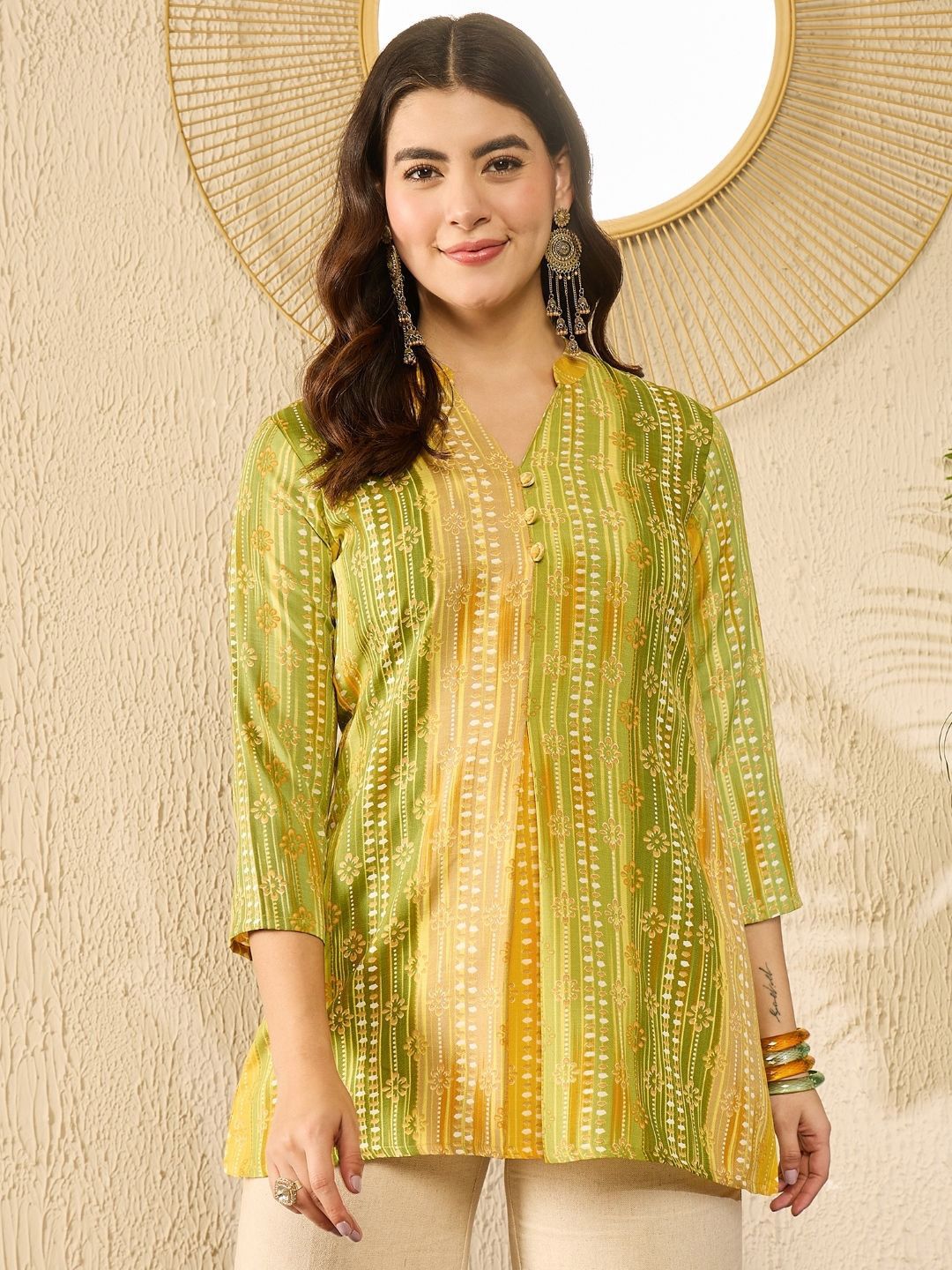 KALINI Floral Print Mandarin Collar A-Line Top