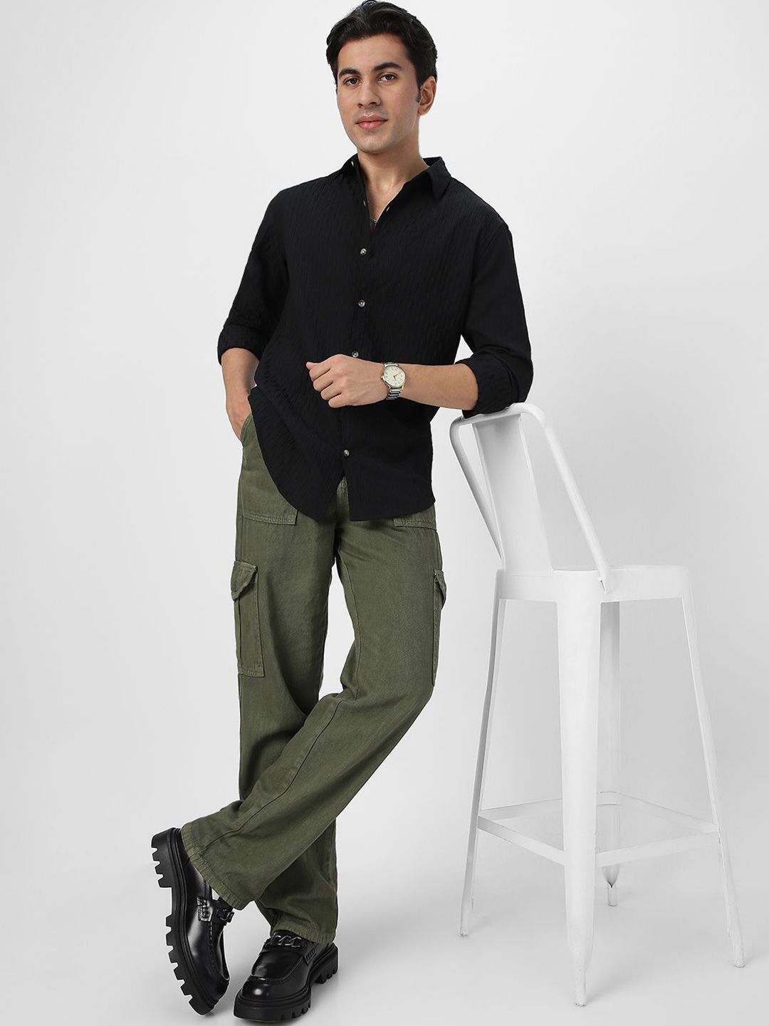 Urbano Fashion Men Spread Collar Textured Cotton Casual Shirt