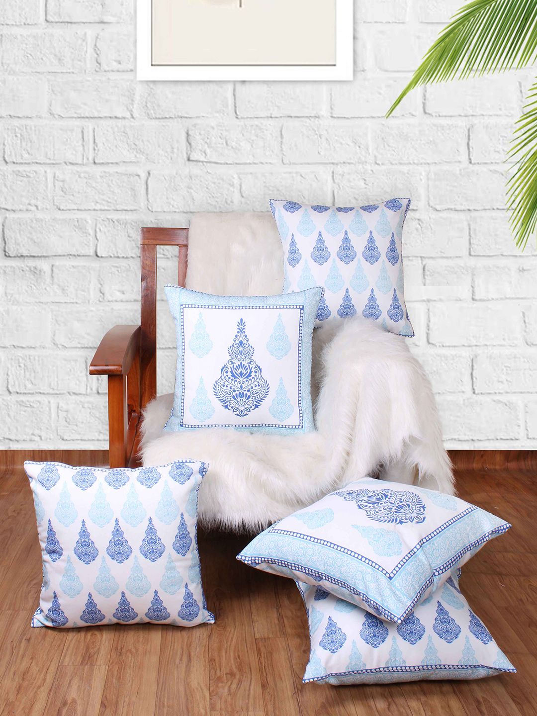 STITCHNEST Blue & White 5 Pieces Ethnic Motifs Square Cushion Covers