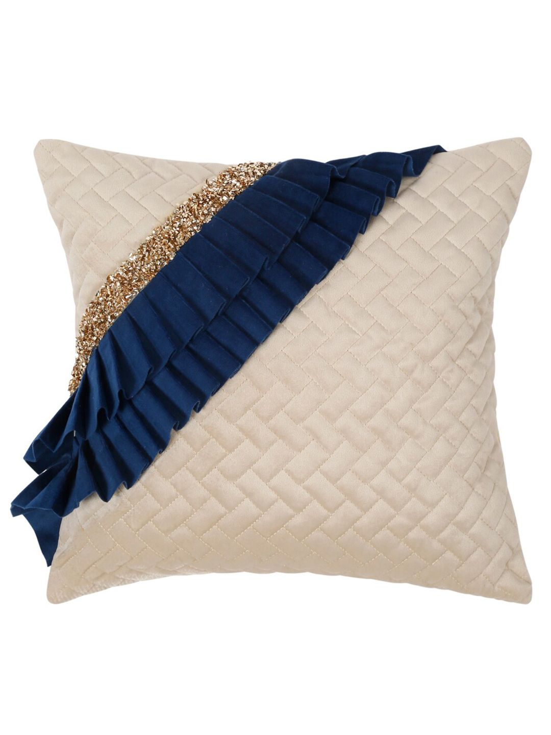 HOSTA HOMES Off White & Navy Blue 2 Pieces Embellished Square Cushion Covers