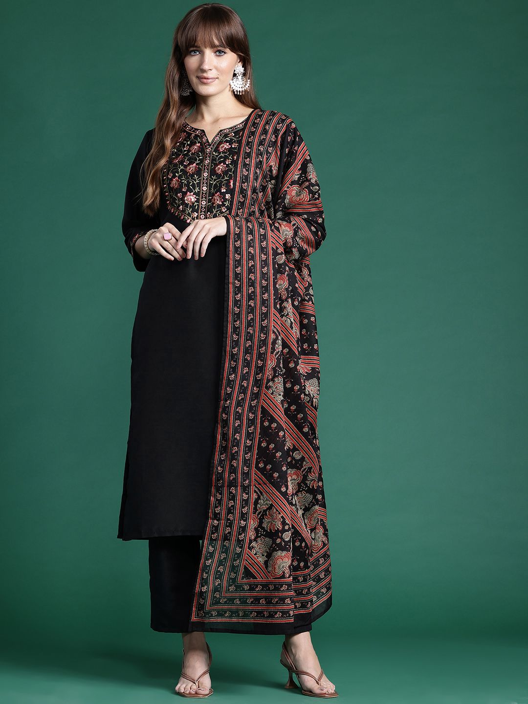 Indo Era Floral Yoke Design Thread Work Kurta With Trousers & Dupatta